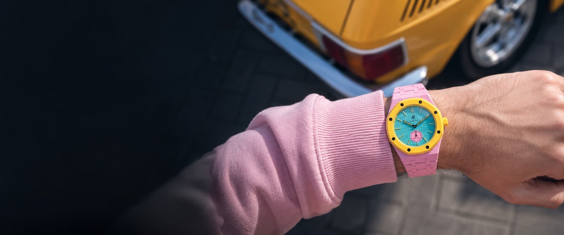 Royal Pop with pink and yellow PopMods kit on the wrist